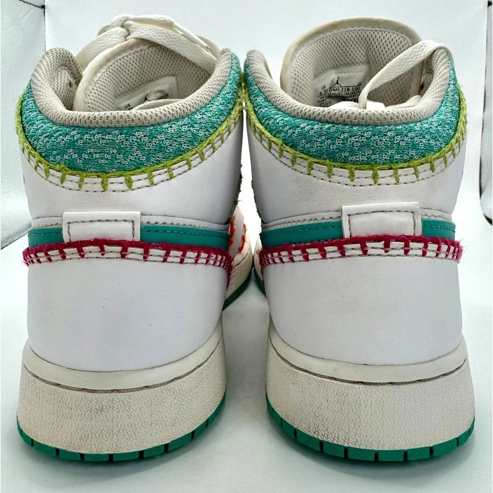 Nike Air Jordan 1 Mid SE Multi Knit White Teal Orange Sneakers Sz 6.5Y/Women 8